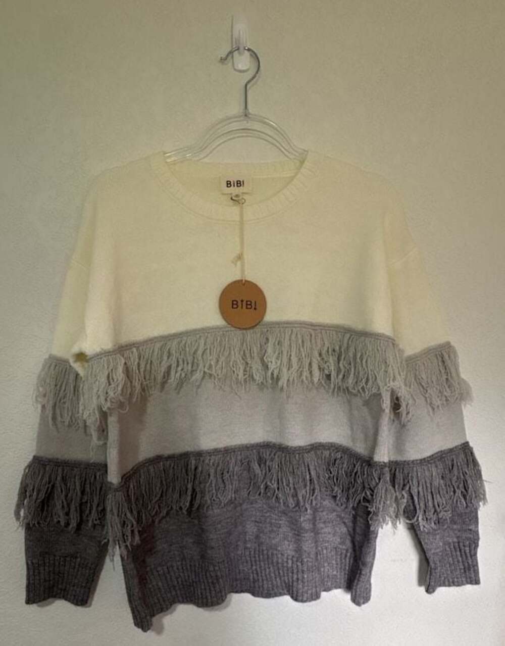 BiB! Women's Colorblock Fringe Trim Pullover Sweater